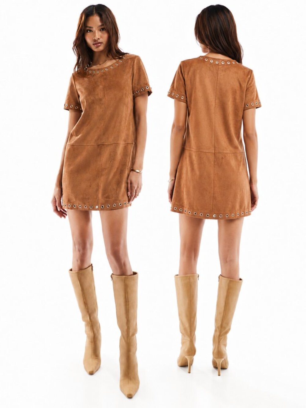 💋GORGE💋 Rivet Detail Shift Dress by Glamorous in Tan Vegan Suede